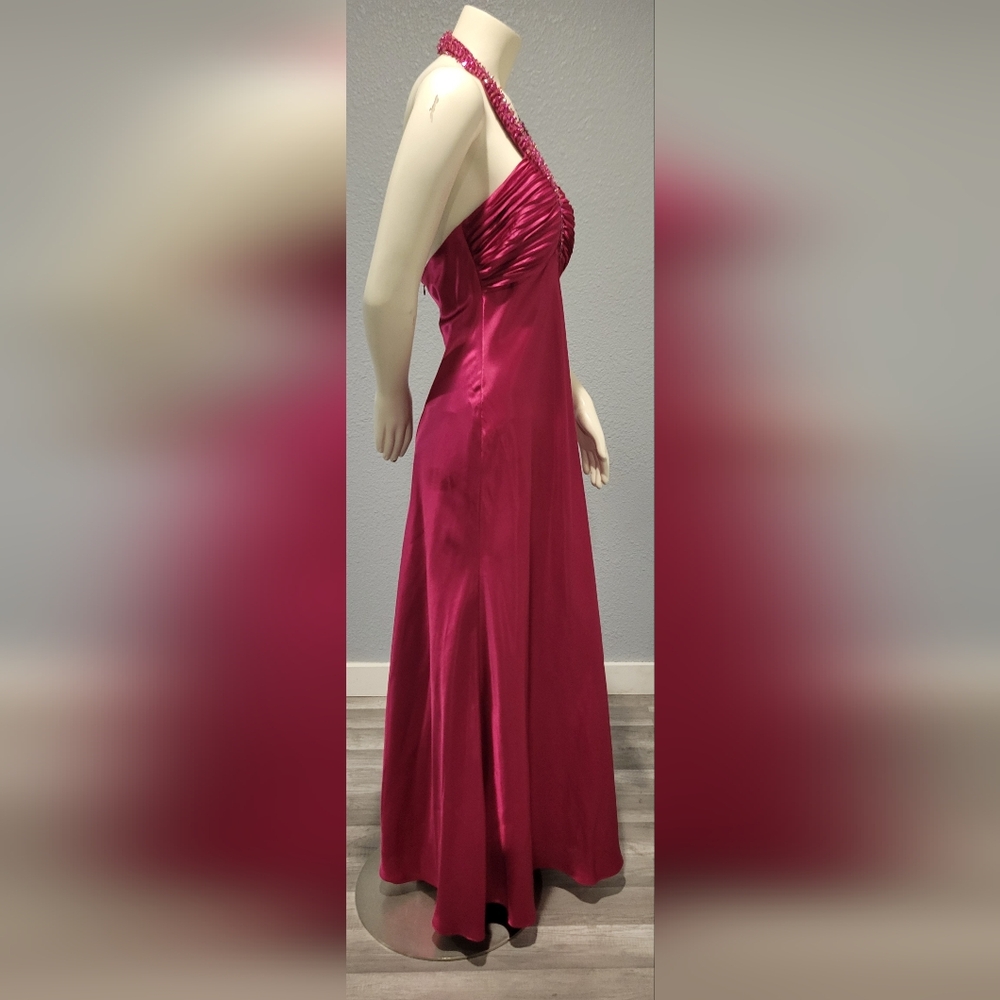 Vintage 90s Morgan And Co Formal Long Dress Barbie Pink Beaded Satin Size 13/14 - Picture 7 of 10